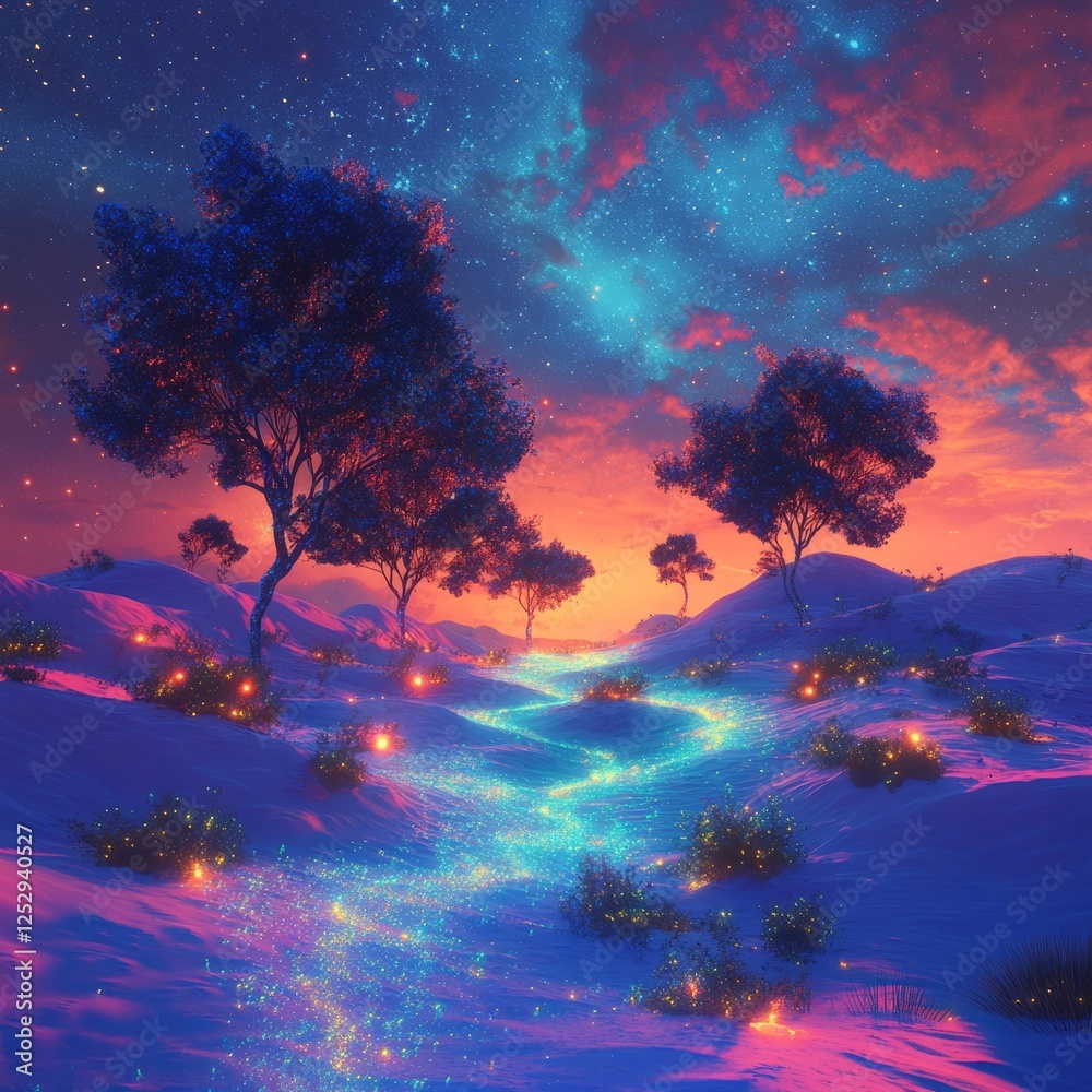 A mysterious desert with colorful, iridescent sands and glowing trees dotting the horizon A mysterious desert with colorful, iridescent sands and glowing trees dotting the horizon