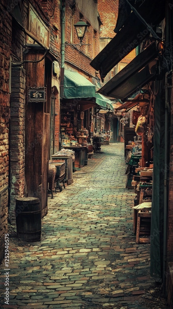 Serene Cobblestone Alleyway with Market Stalls and Rustic Charm Serene Cobblestone Alleyway with Market Stalls and Rustic Charm