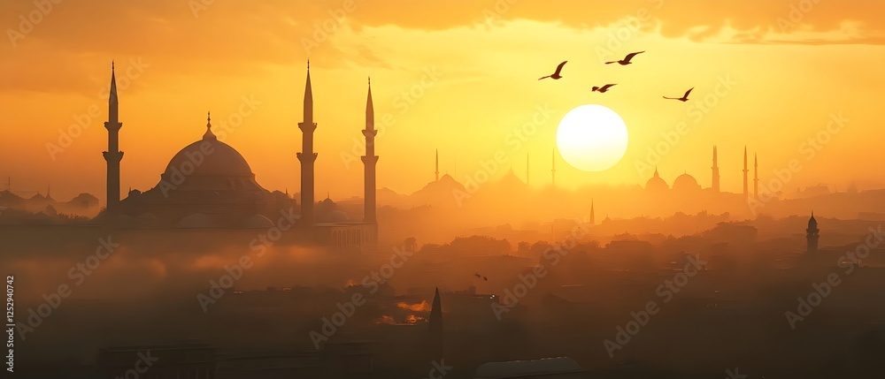 Obraz premium Majestic sunset over a historic skyline featuring minarets and birds flying in the golden sky