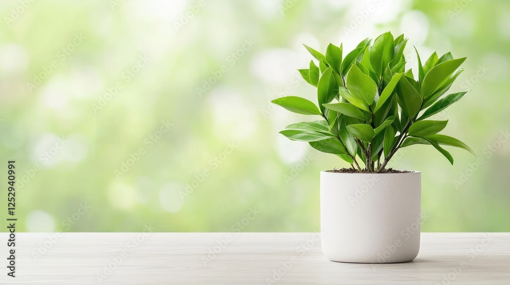 Small Plant in White Pot, Blurred Green Background, Peaceful Scene, Interior Design, Home Decor Small Plant in White Pot, Blurred Green Background, Peaceful Scene, Interior Design, Home Decor