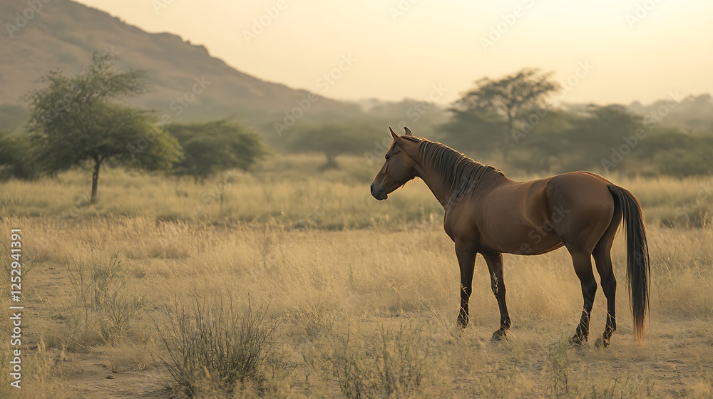 White horse resting near a still lake in golden light White horse resting near a still lake in golden light