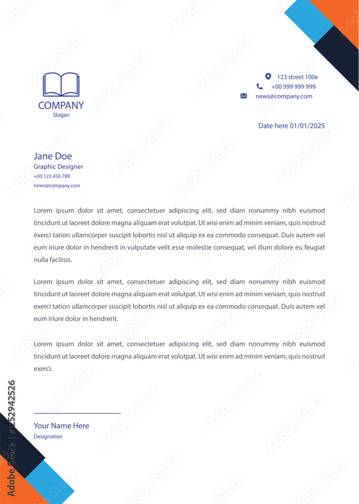 Fototapeta premium Professional Orange and Blue Corporate Letterhead Template Modern Business Letterhead Design