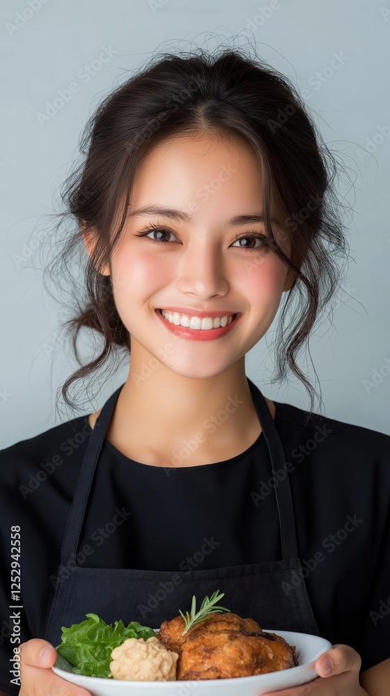Friendly Asian female waitress serves a delicious dish with a smile against a clean white background Friendly Asian female waitress serves a delicious dish with a smile against a clean white background