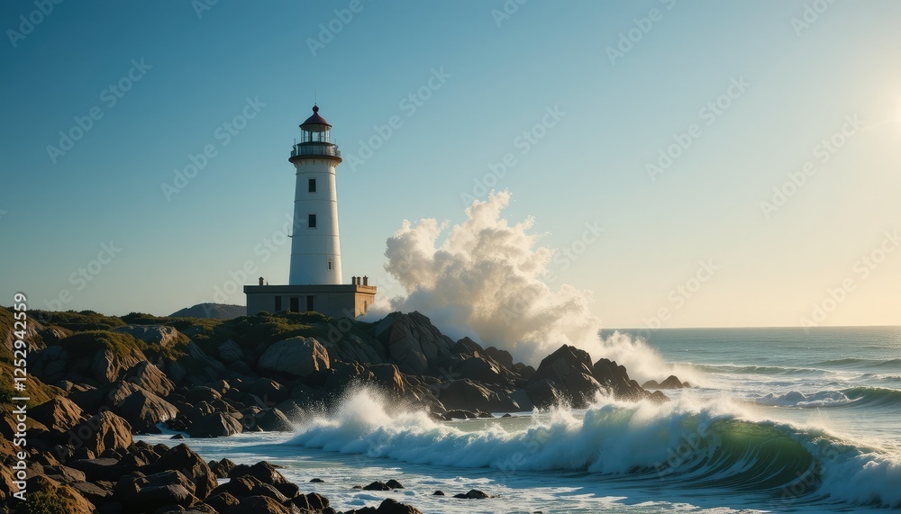 A lighthouse perched on a rugged coastline, with waves crashing against its base during the late afternoon A lighthouse perched on a rugged coastline, with waves crashing against its base during the late afternoon