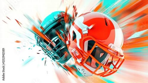A close-up action shot of an American football helmet colliding with another helmet, with flying debris, dramatic lighting, and motion blur enhancing the high-intensity impact. photo