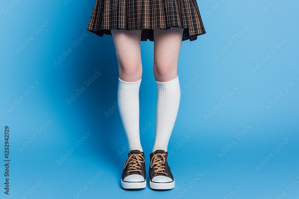 Schoolgirl attire featuring a tartan skirt white socks and sneakers Schoolgirl attire featuring a tartan skirt white socks and sneakers