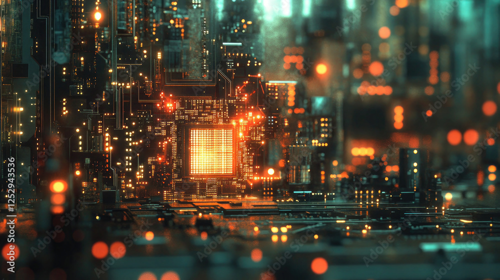 Fototapeta premium Close-up of Microchip and Circuit Board with Illuminated LED Lights