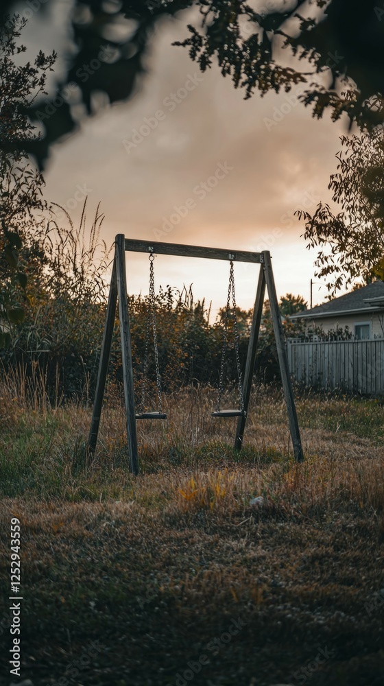 Swing Set in an Overgrown Backyard at Sunset with Dramatic Sky Swing Set in an Overgrown Backyard at Sunset with Dramatic Sky