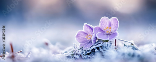 Two purple flowers are on a snowy ground