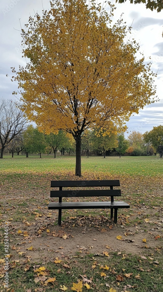 Serene Park Bench Under Vibrant Autumn Tree in a Calm Landscape Serene Park Bench Under Vibrant Autumn Tree in a Calm Landscape