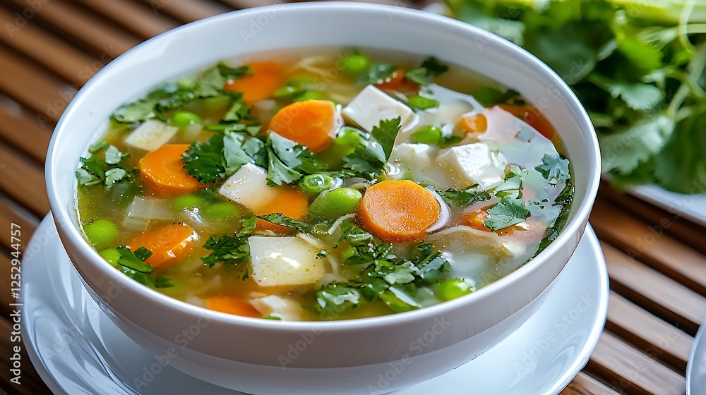 Creamy Vegetable Soup in White Bowl on Wooden Table Creamy Vegetable Soup in White Bowl on Wooden Table