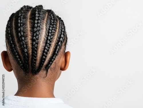 Young girl with braid hairstyle and cornrows posing in a realistic photography setting with copy space
