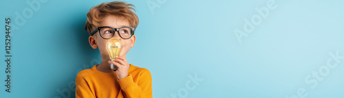 A young boy wearing glasses is holding a light bulb in his mouth