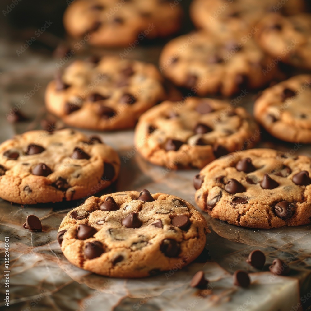 Delicious Close-Up of Freshly Baked Cookies on Marble Delicious Close-Up of Freshly Baked Cookies on Marble