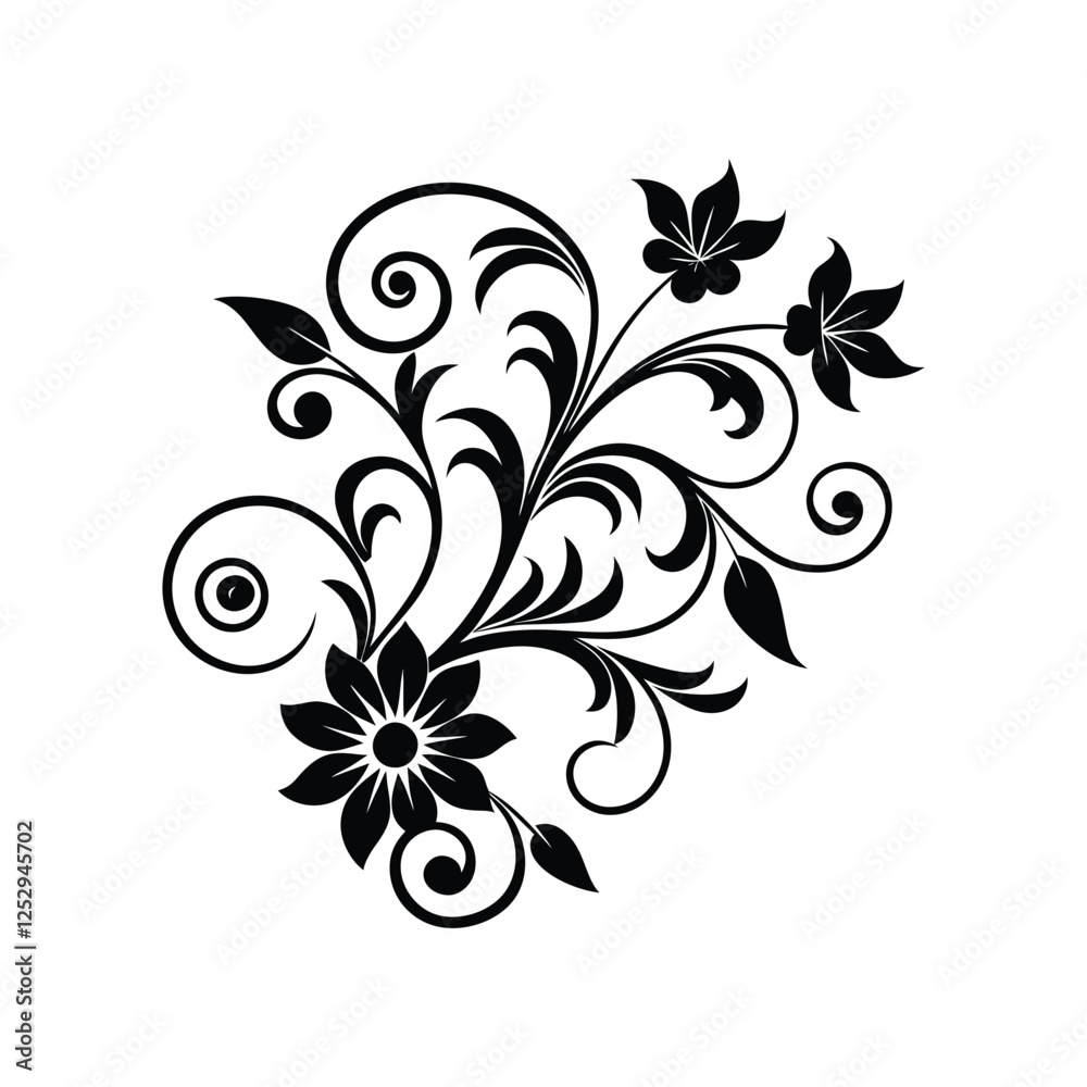 Intricate floral ornament silhouette vector illustration with elegant botanical details, vintage decorative swirls, filigree motifs, and stylish tattoo patterns
Intricate floral ornament silhouette vector illustration with elegant botanical details, vintage decorative swirls, filigree motifs, and stylish tattoo patterns