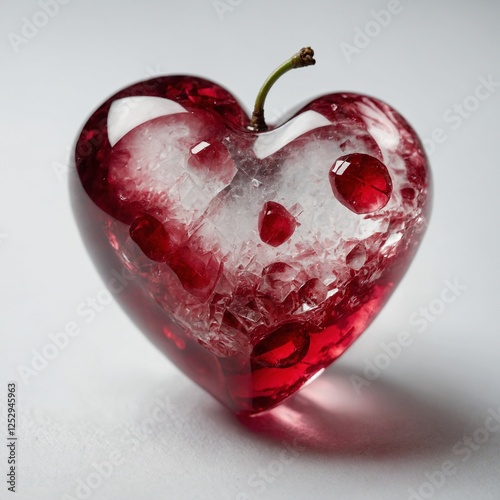 A heart-shaped crystal cherry, infused with a radiant core pure white background