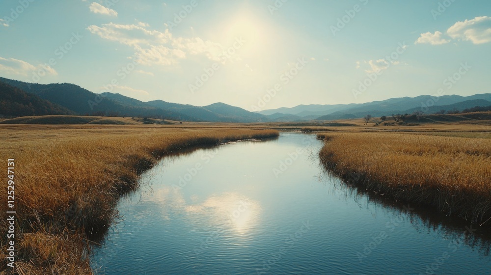 Fototapeta premium Serene Landscape with Calm River and Golden Grass Under Sunlight