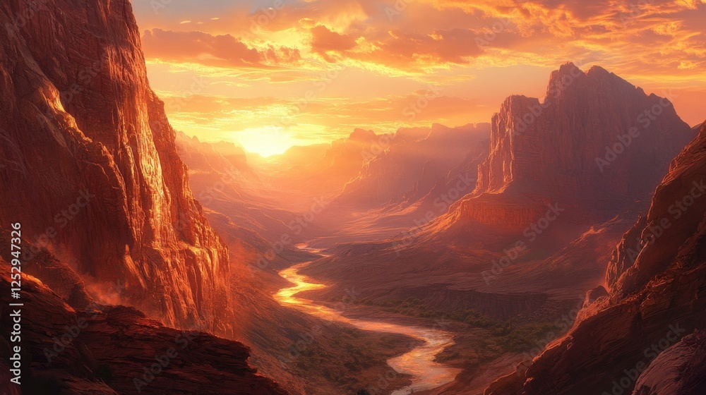 Naklejka premium Majestic Sunset Over Canyon River Valley Landscape