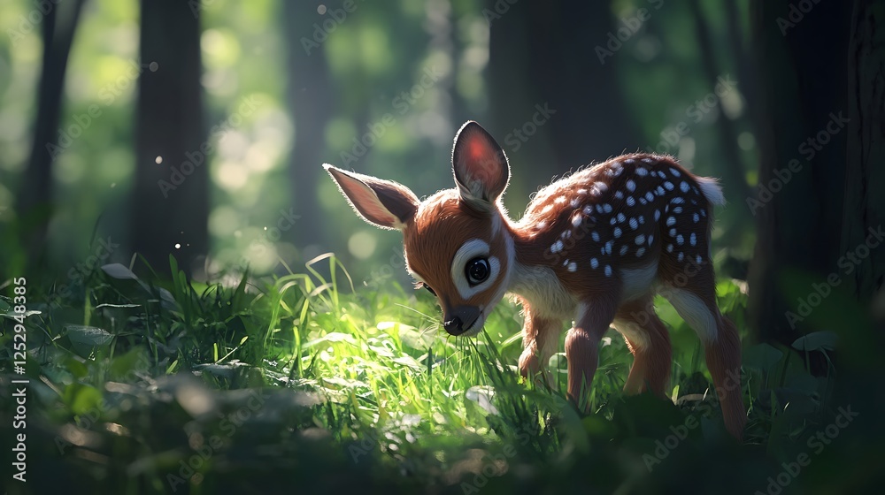 Obraz premium Cute cartoon fawn exploring a sunlit forest with soft greenery