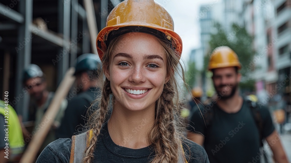 Smiling female construction worker, city background, teamwork Smiling female construction worker, city background, teamwork