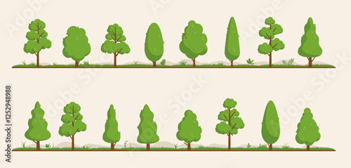Vector tree collection - Set or bundle of various simple cute cartoon 2d trees in flat design lines up on line with grass and foliage. Vector illustration graphic objects or elements background