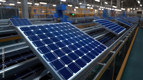 Solar panels arranged in a factory setting, showcasing renewable energy technology.