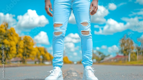 Ripped Light Blue Jeans On Man In White Sneakers On Street With Cloudy Sky