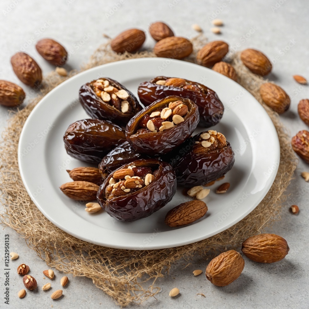 A plate of stuffed dates with almonds and walnuts, isolated on white. A plate of stuffed dates with almonds and walnuts, isolated on white.