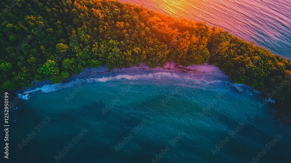 Naklejka premium Aerial View of Serene Beach and Lush Green Forest at Sunset