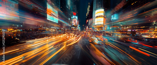 A dynamic, high-speed view of Times Square at night with motion blur, capturing the rush of traffic, illuminated billboards, and vibrant city lights, symbolizing the pulse of urban life.