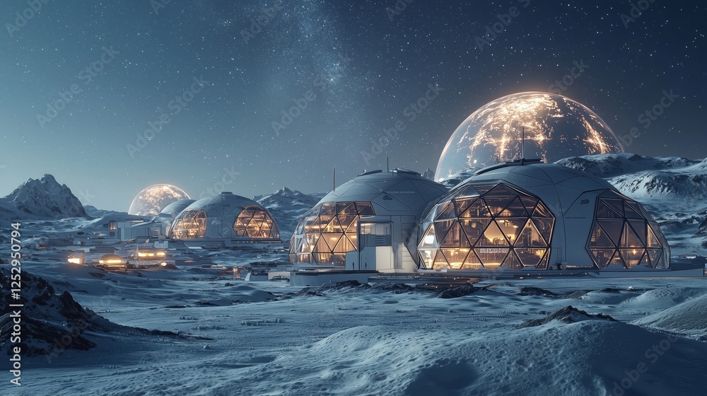Obraz premium Futuristic Lunar Base with Domed Structures and Earthrise in Background