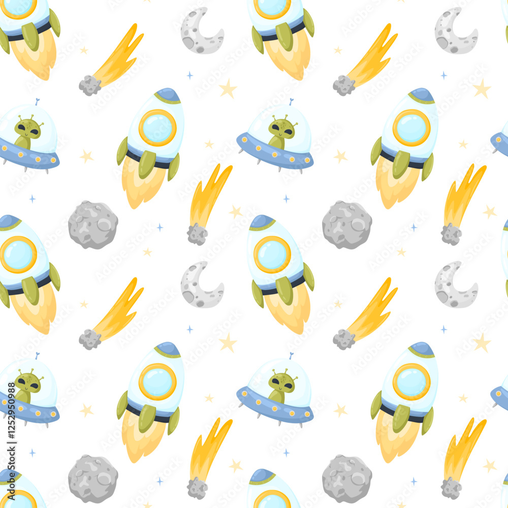 Obraz premium Hand drawn space elements seamless pattern. Space background. Space doodle illustration. Vector illustration. Seamless pattern with cartoon space rockets, planets, stars