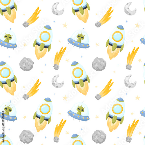 Hand drawn space elements seamless pattern. Space background. Space doodle illustration. Vector illustration. Seamless pattern with cartoon space rockets, planets, stars