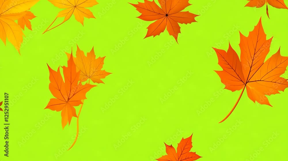 Colorful Autumn leaves falling down on green screen background. Vibrant red orange fall leaves animated green backdrop. Frame Template. Chroma key. Motion graphics. 4K creative video clip for overlay Colorful Autumn leaves falling down on green screen background. Vibrant red orange fall leaves animated green backdrop. Frame Template. Chroma key. Motion graphics. 4K creative video clip for overlay