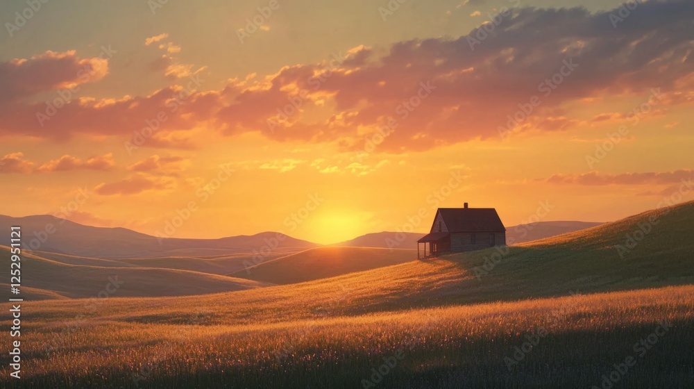 Fototapeta premium Serene Sunset Over Rolling Hills with a Cozy House Silhouette