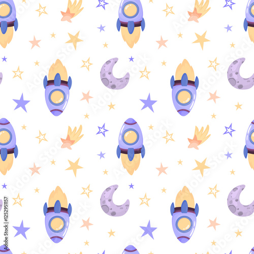 Hand drawn space elements seamless pattern. Space background. Space doodle illustration. Vector illustration. Seamless pattern with cartoon space rockets, planets, stars