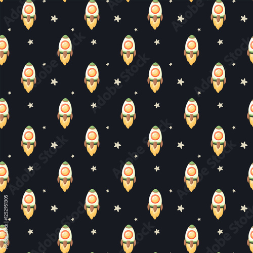 Hand drawn space elements seamless pattern. Space background. Space doodle illustration. Vector illustration. Seamless pattern with cartoon space rockets, planets, stars