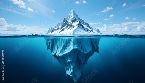 Large iceberg, centered in frame, partially submerged in water, clear blue water above and below, visible ice structure of iceberg with snow-covered top, large portion of iceberg hidden underwater, 