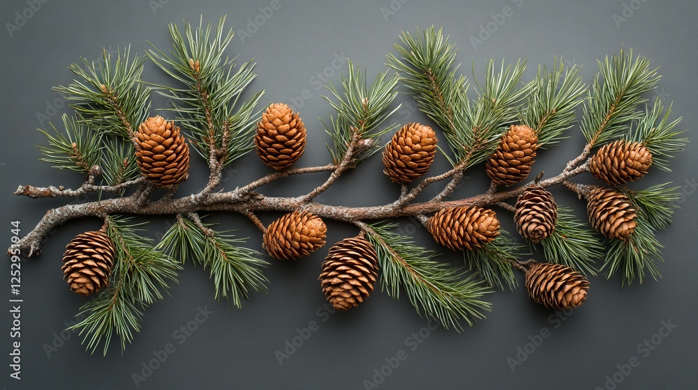 Fototapeta premium Festive Still Life, Pine Branch Adorned with Natural Pine Cones on Muted Gray Background
