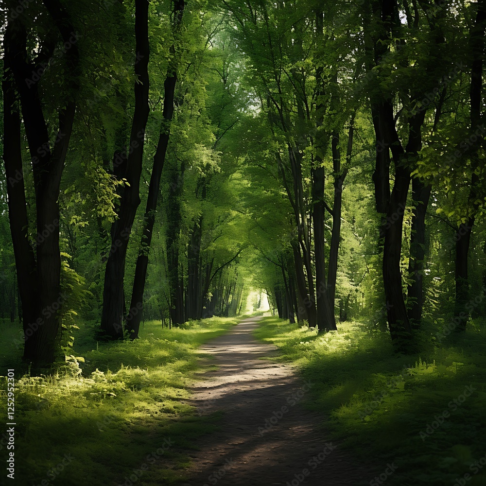 Obraz premium A peaceful forest path surrounded by young trees planted for Arbor Day.