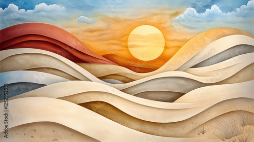 Wind swept desert texture with intense sandy tones and swirling dunes under warm sunset sky, creating surreal and artistic landscape