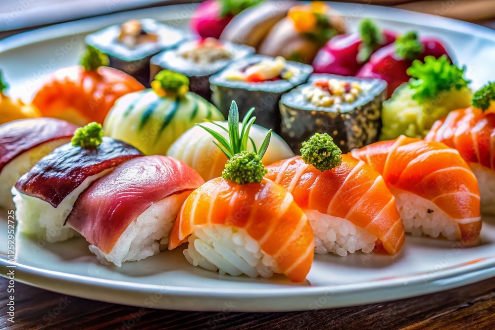 Diverse Sushi Assortment on White Plate - Close-Up Food Photography Diverse Sushi Assortment on White Plate - Close-Up Food Photography