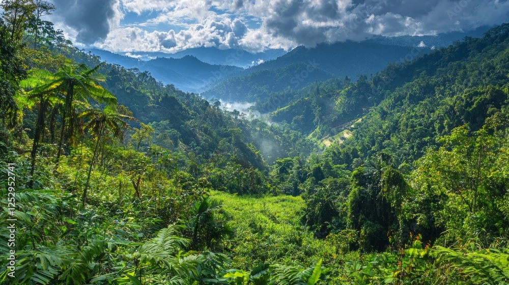 Fototapeta premium Lush Green Mountain Valley with Misty Clouds and Vibrant Foliage