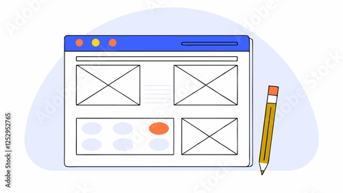 The web browser window contains a wireframe layout, which is commonly used for designing and planning web pages. Various placeholders would suggest content areas such as images and text.AI