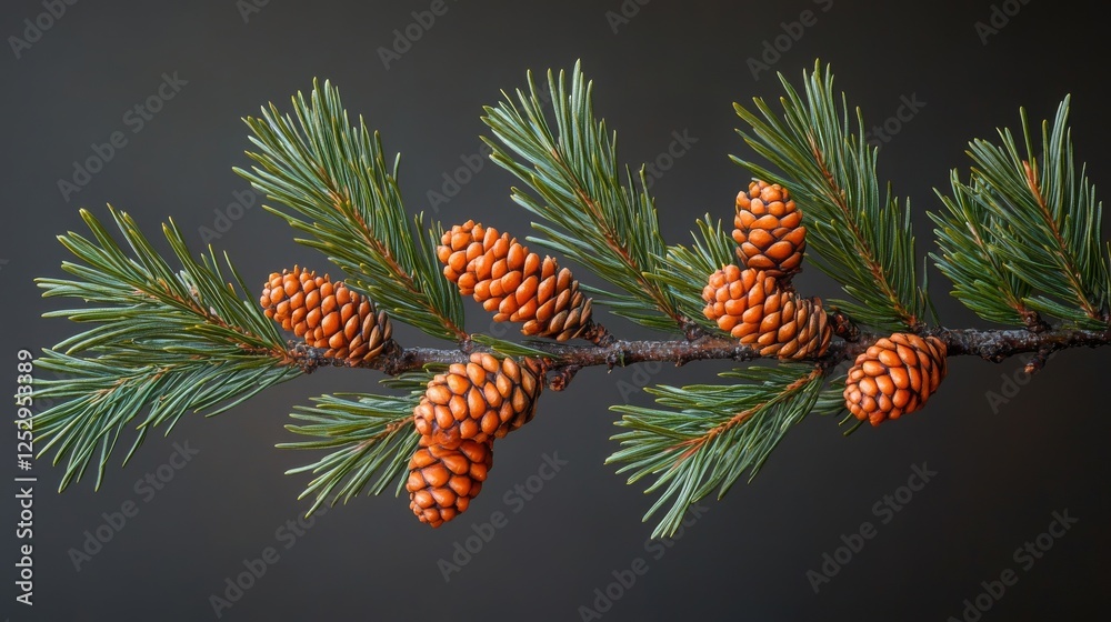 Fototapeta premium Pine Branch Adorned with Cones, a Botanical Closeup Presenting Natural Texture and Vivid Color Contrast