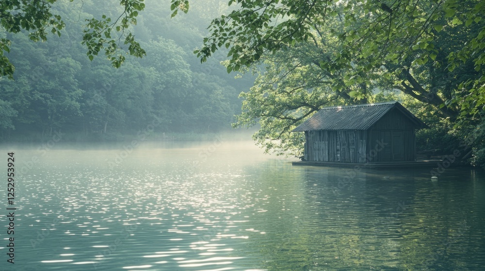 Fototapeta premium Serene Lakeside Cabin Amidst Lush Greenery and Misty Waters