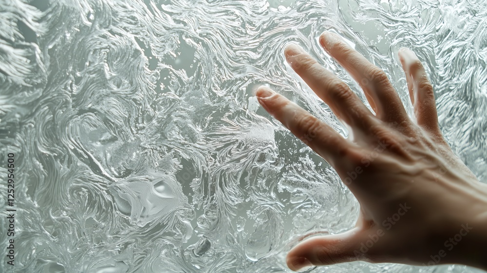 Hand Pressing Against Textured Glass Creating Abstract Design Hand Pressing Against Textured Glass Creating Abstract Design