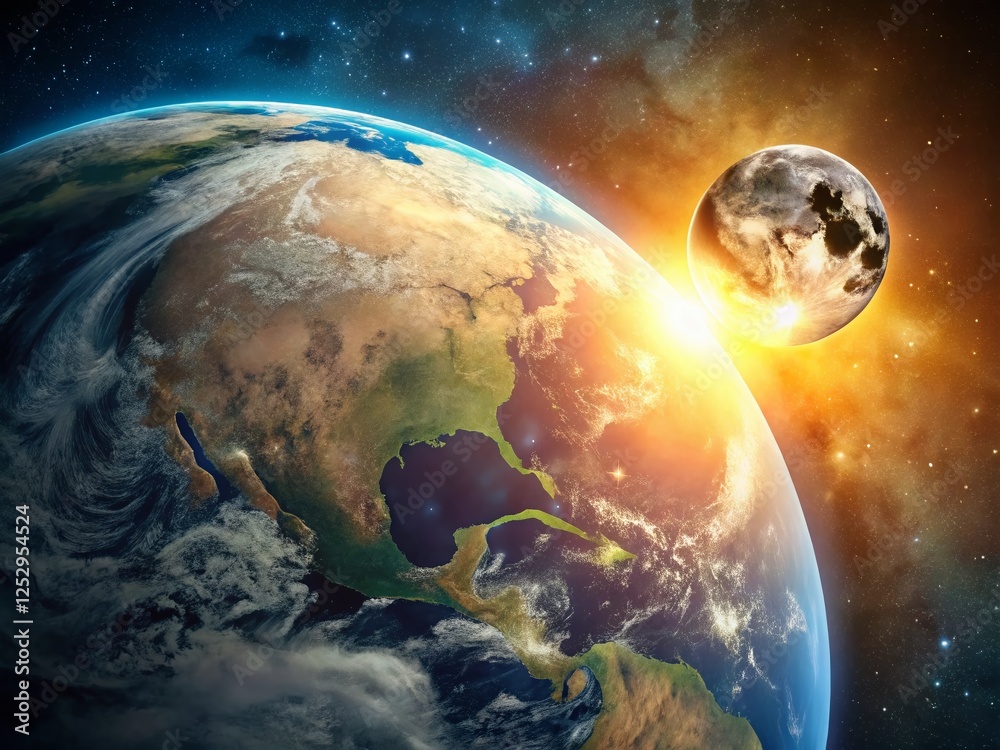 Obraz premium Double Exposure: Earth, Moon, & Sun Closeup - Celestial Rotation Animation