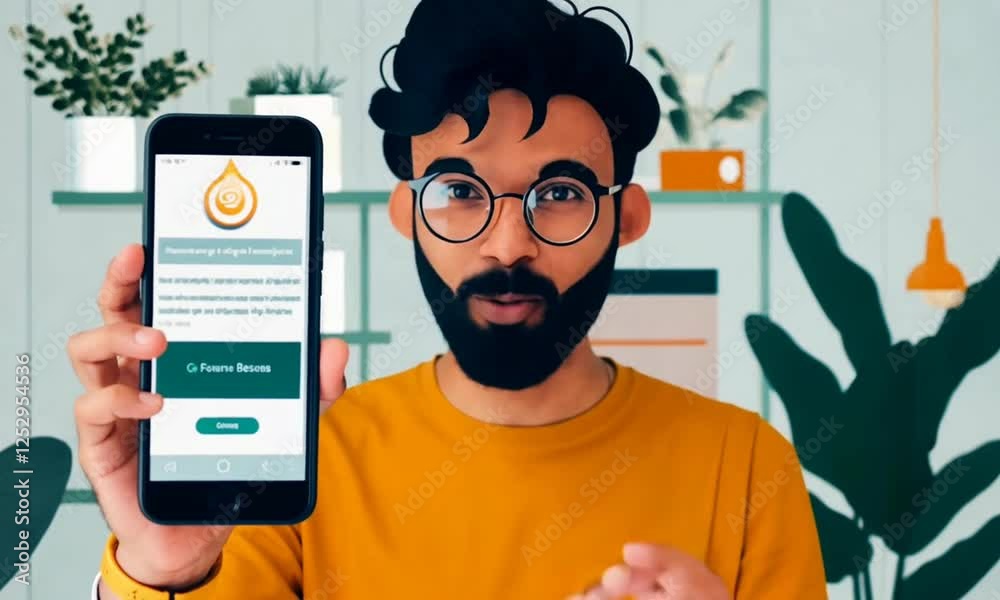 Smiling man holding smartphone in modern indoor setting with plants and colorful decor Smiling man holding smartphone in modern indoor setting with plants and colorful decor