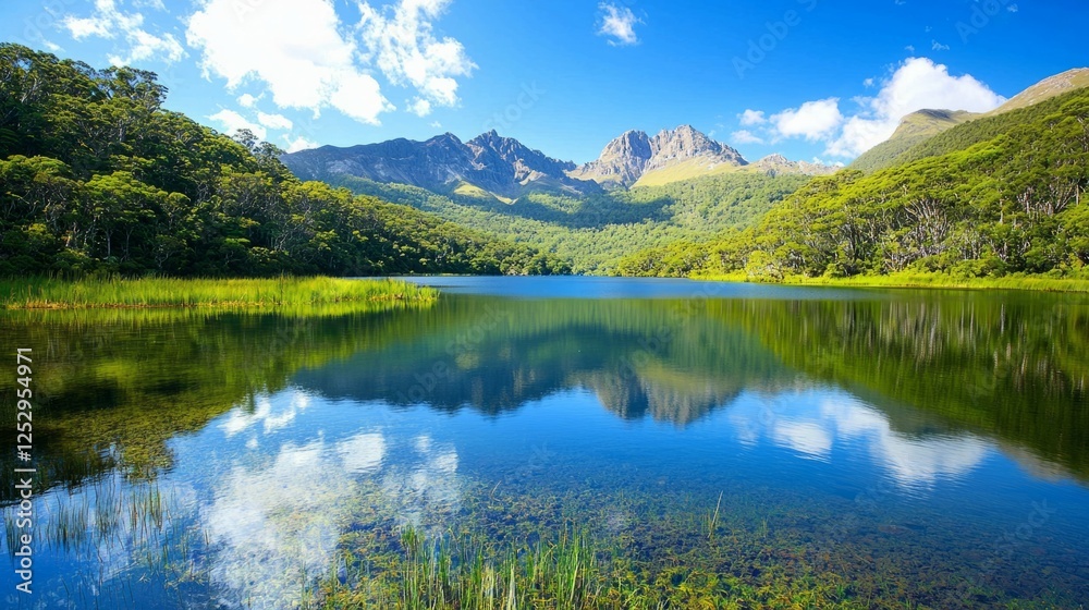 Serene Mountain Lake Surrounded by Lush Greenery and Blue Sky Serene Mountain Lake Surrounded by Lush Greenery and Blue Sky